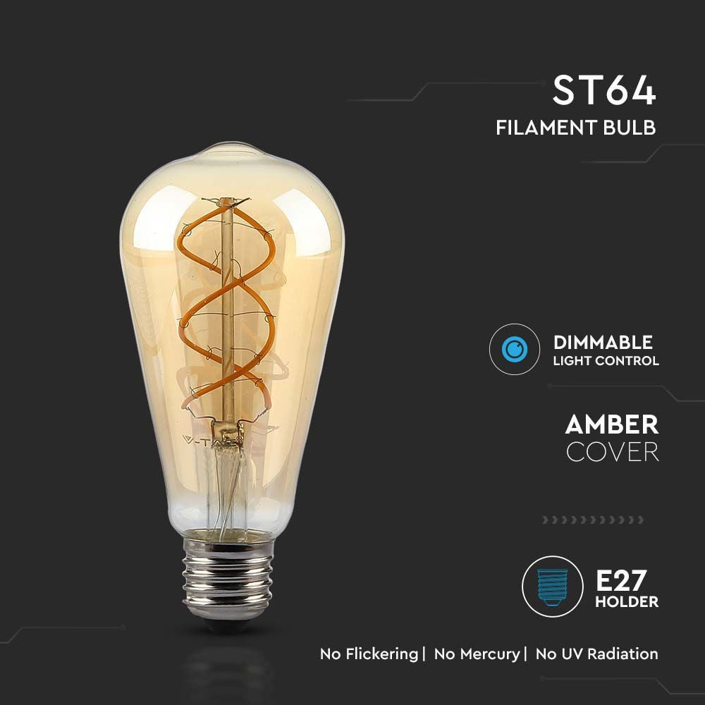 ST64 5W Ravfarvet Glas Kultrådspære med E27 Fatning - Dæmpbar, 1800K, 250lm, RA80
