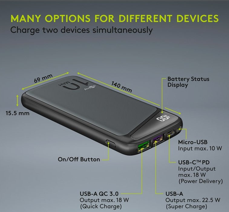 Powerbank m. LED display - USB-C PD / QC, 5V / 5A, 10,000mAh