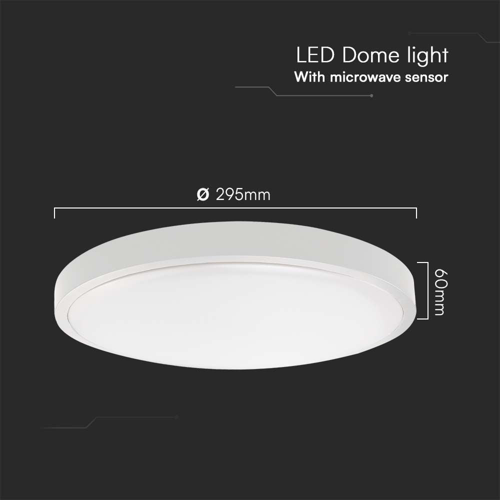 18W LED DOME Lys med Mikrobølge Sensor og Hvid Ramme - 3000K, Rund Form, IP44 Beskyttelse