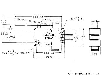 Mikroswitch m. lang arm - 5A/250V, ON-(ON), spadestik