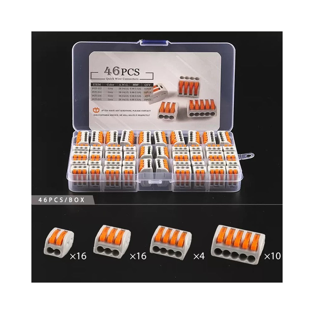 46 stk. Skrueløse samlemuffer - til 2/3/4/5 ledninger, 0,32-2,5mm2, 230V input