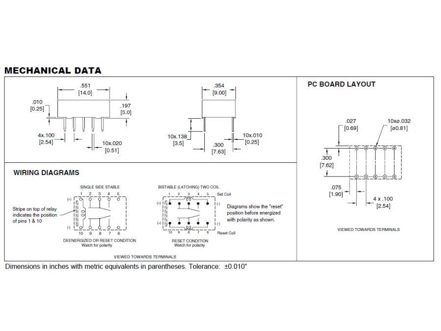 Subminiature relæ - 12VDC / 1A, 2 x skifte, DPDT (DIP10)