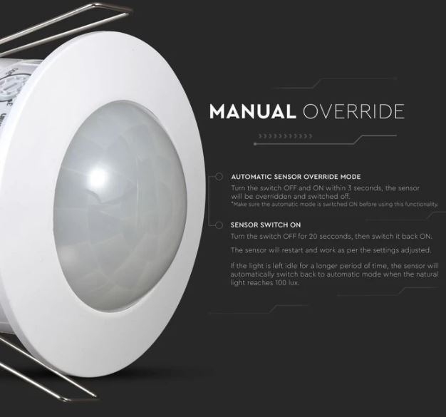 Bevægelsessensor til indbygning - LED venlig, hvid, PIR infrarød, IP20 indendørs