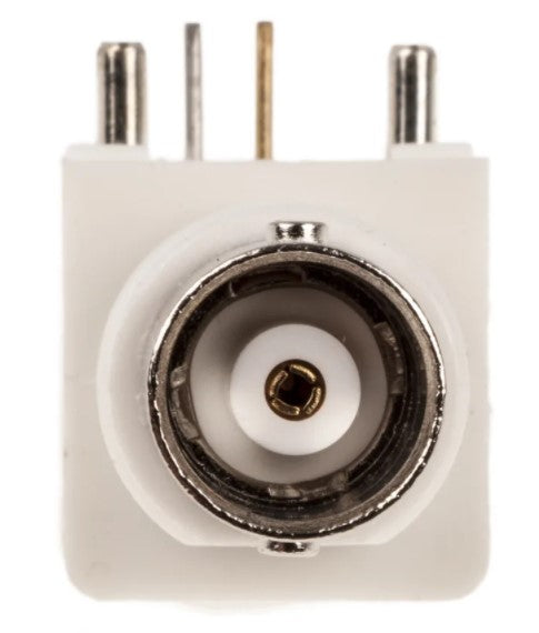 BNC fatning til printmont. - 50ohm, 90° vinklet, Hvid plast