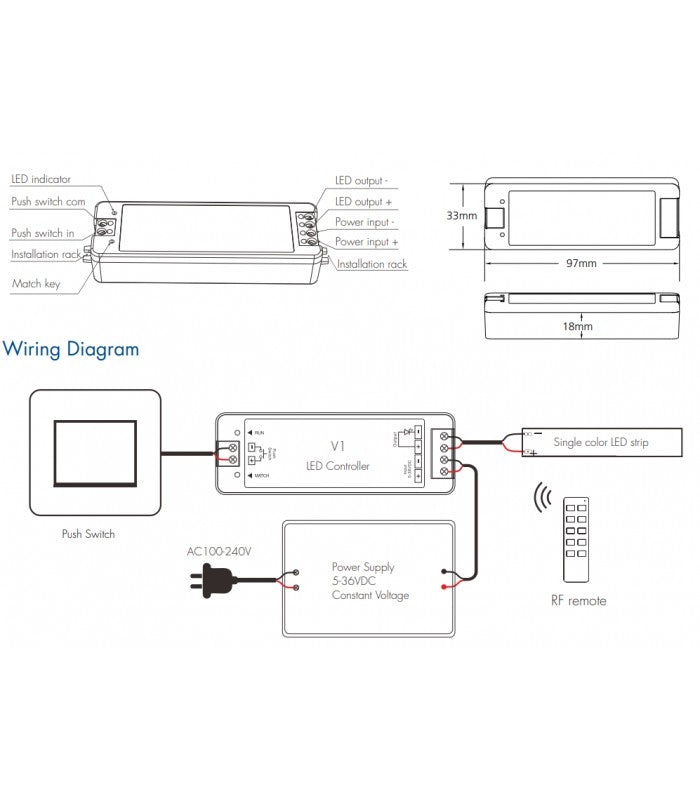 Trådløs dæmper med fjernbetjening og holder - RF trådløs, 12V (96W), 24V (192W)