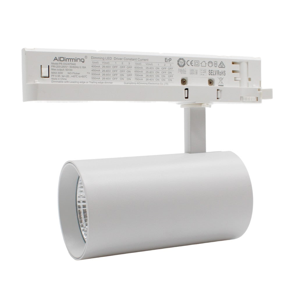 29W Dæmpbar hvid skinnespot fra LEDlife med høj effektivitet på 140 lm/W, RA 90 og 38 graders spredning, passer til 3-fasede systemer