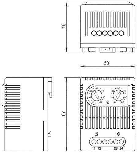 Termostat til DIN skinne - NC+NO, 10A/250V, 0-60°C