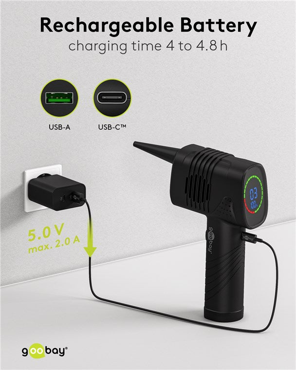 Genopladelig trykluft blæser m. 5 dyser - 2000mAh, Sort