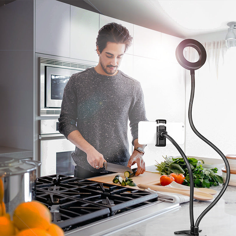 Smartphone holder med LED ringlys - Ø8,5cm, 24 LEDs, 5V / 2A