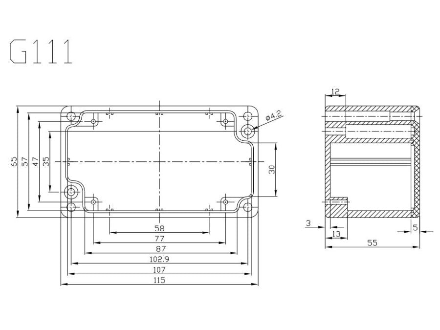 G111 aluminiumskabinet - IP65 (115x65x55mm)