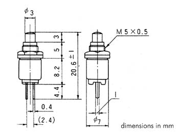 Miniature trykkontakt sort m. printben OFF-(ON)