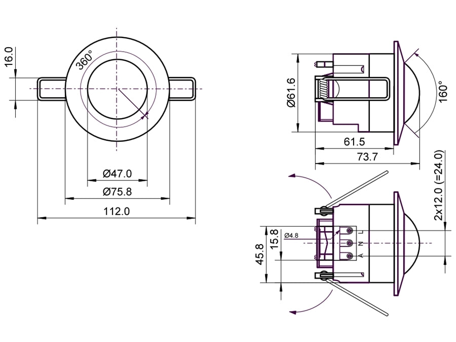 PIR bevægelsessensor - 230Vac / 1200W, 360° til indbygn.