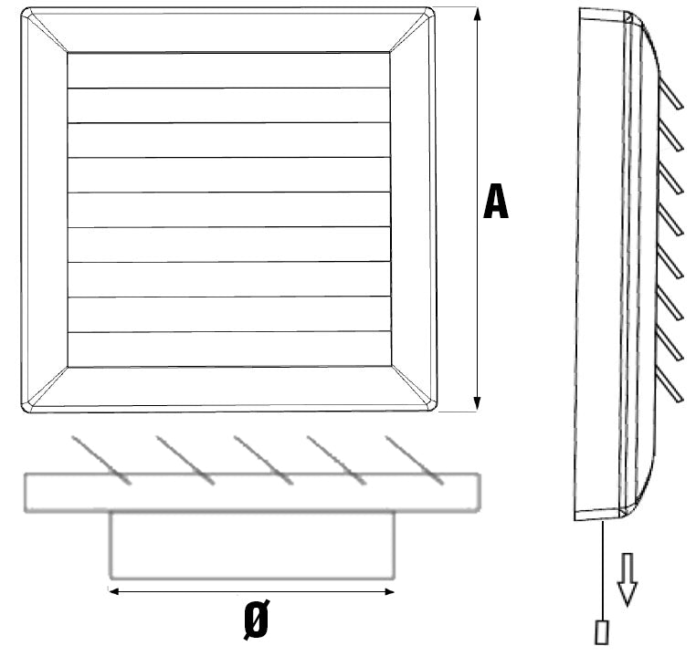 Ventilationsrist m. lukkespjæld - Træksnor, 140x140, Hvid