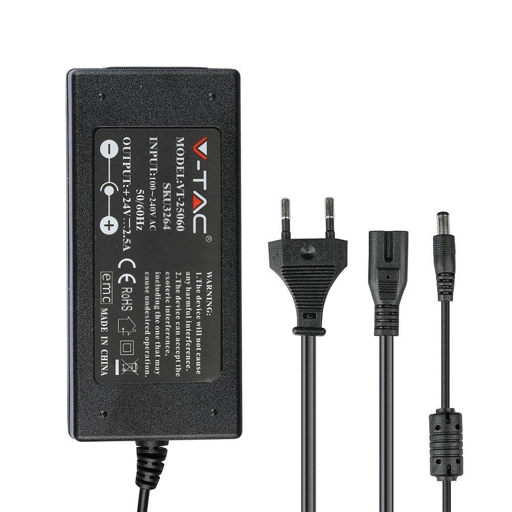 V-Tac 60W Strømforsyning til LED Strips - 24V DC, 2,5A, IP44 Vådrum