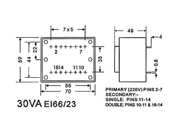 230V printtransformator - 30VA 2 x 9V / 2 x 1,667A