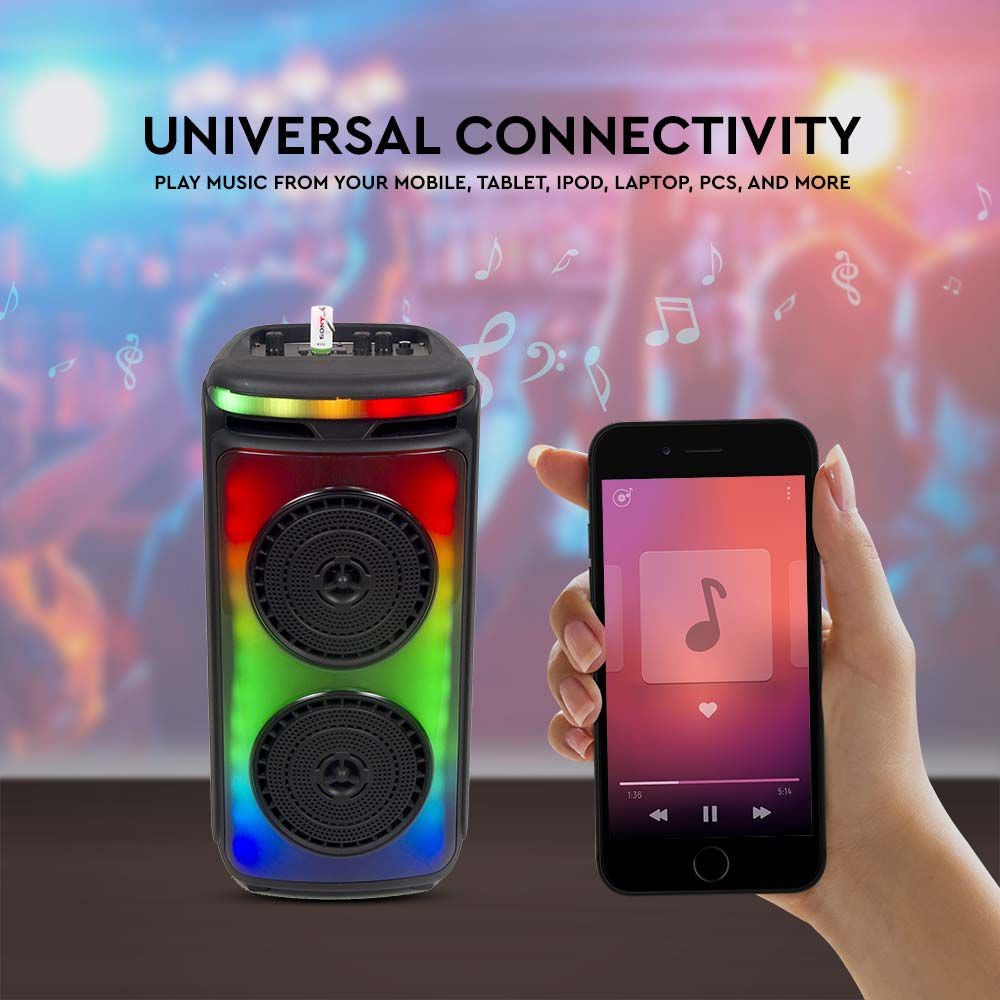 400W Genopladelig Højttaler med 1 Trådet Mikrofon, RF Kontrolhåndtag og 2x6.5 Tommer Woofer