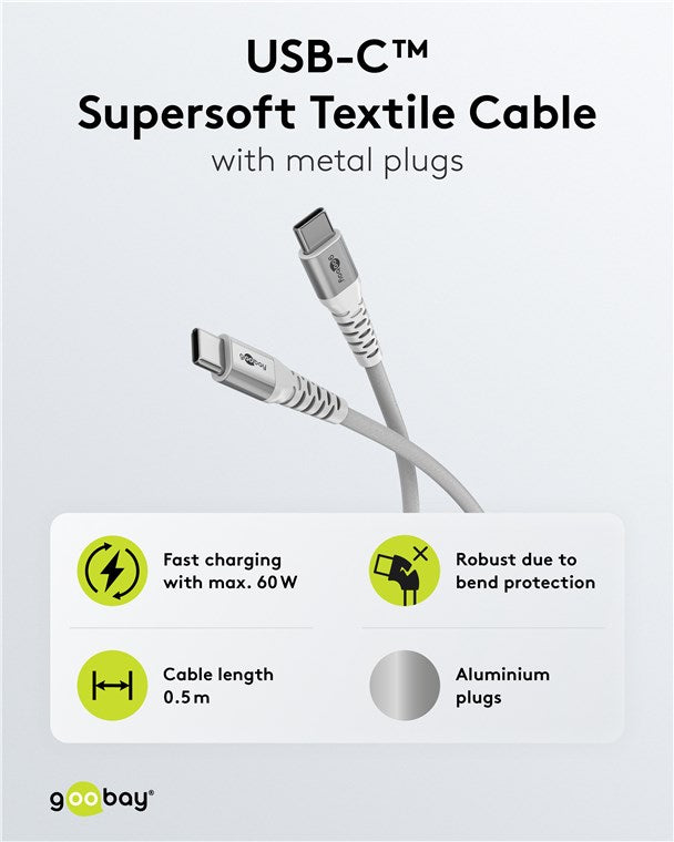 USB-C til USB-C Supersoft PD Tekstilkabel, 3A, Hvid (0,5m)
