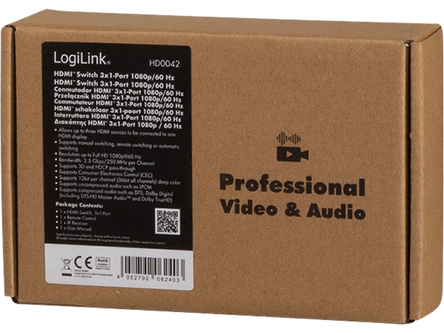 HDMI switch, 3x1-Port, 1080p/60 Hz, HDCP, CEC, RC