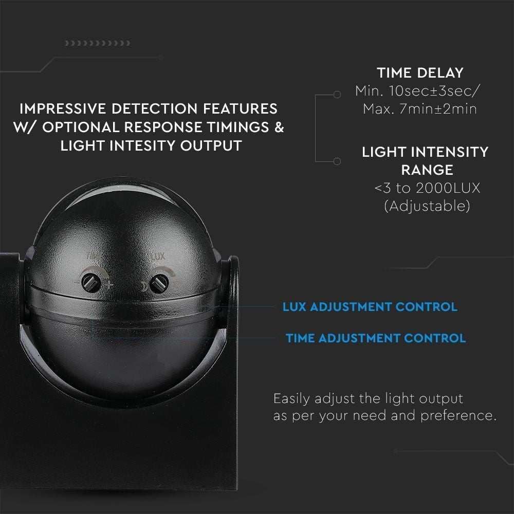 V-Tac bevægelsessensor - sort, LED-venlig, udendørs PIR infrarød bevægelsessensor med IP44, 230V input