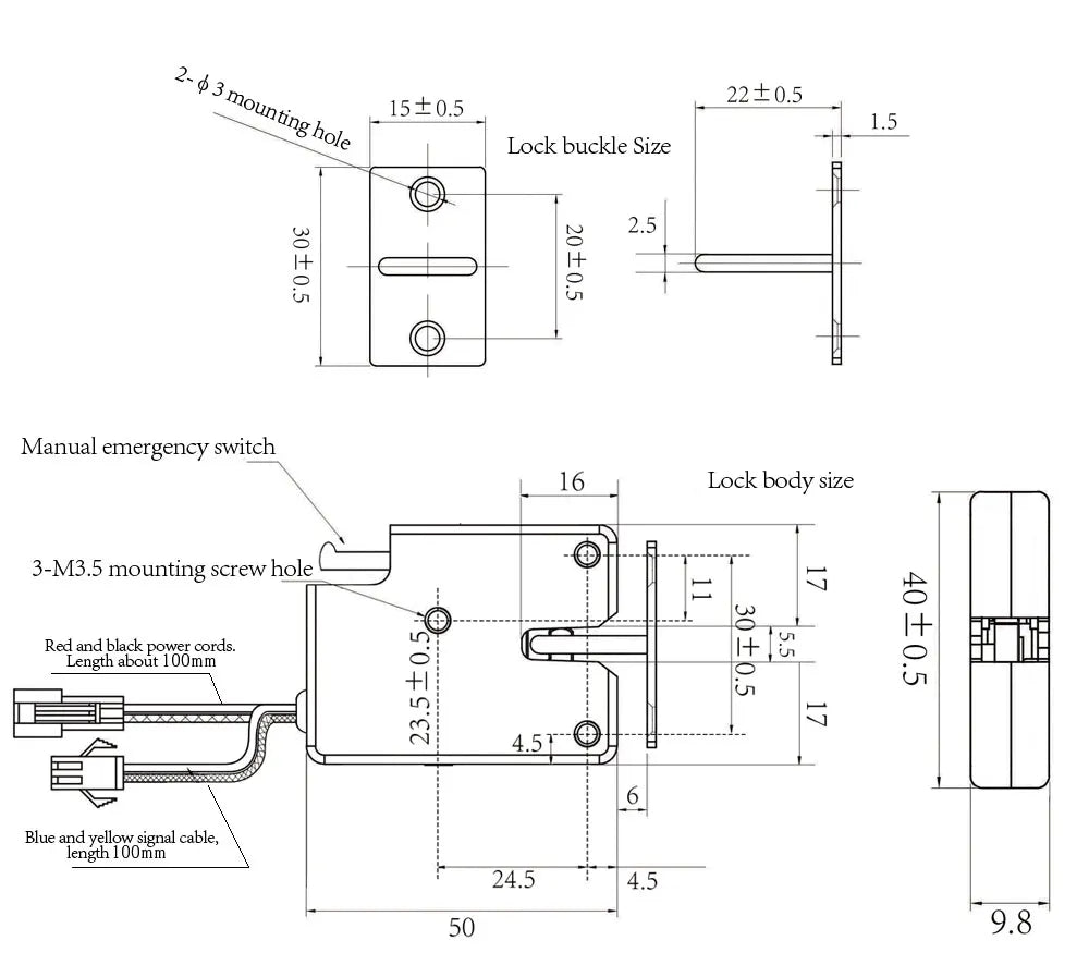 Elektronisk skabslås m. elektrisk udløser -12V, 50x40x10mm