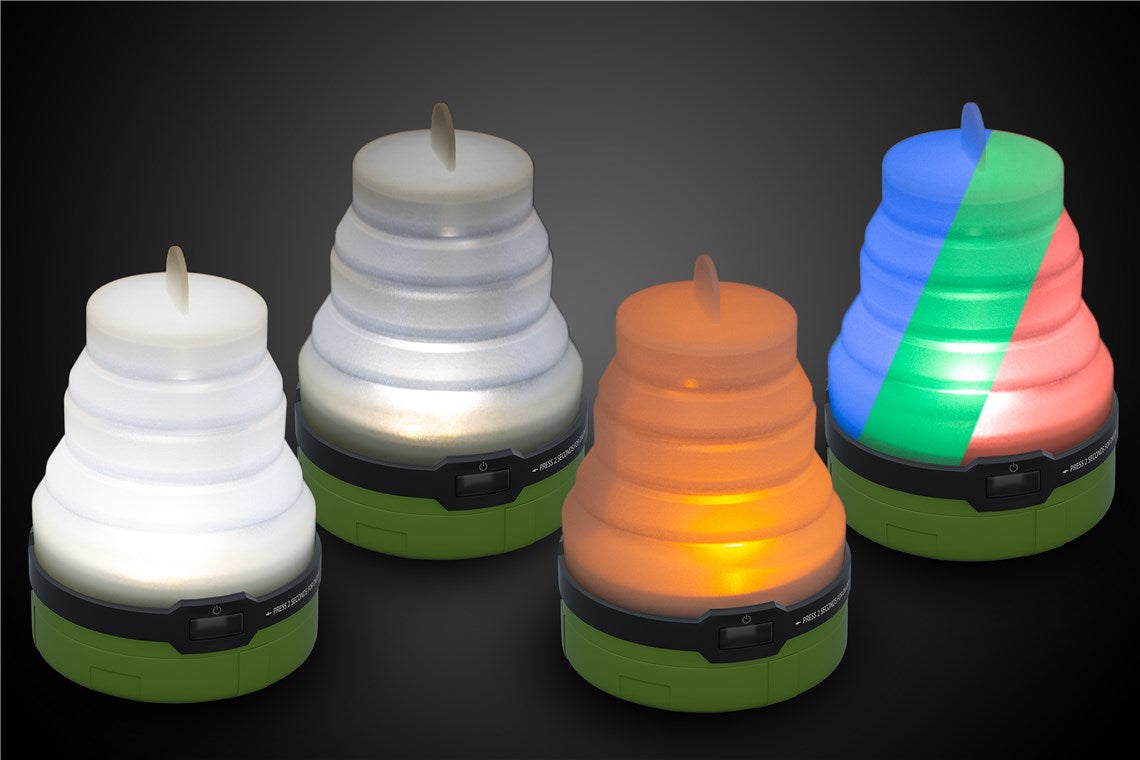 3-i-1 sammenklappelig campinglampe - RGB LED, flammeeffekt