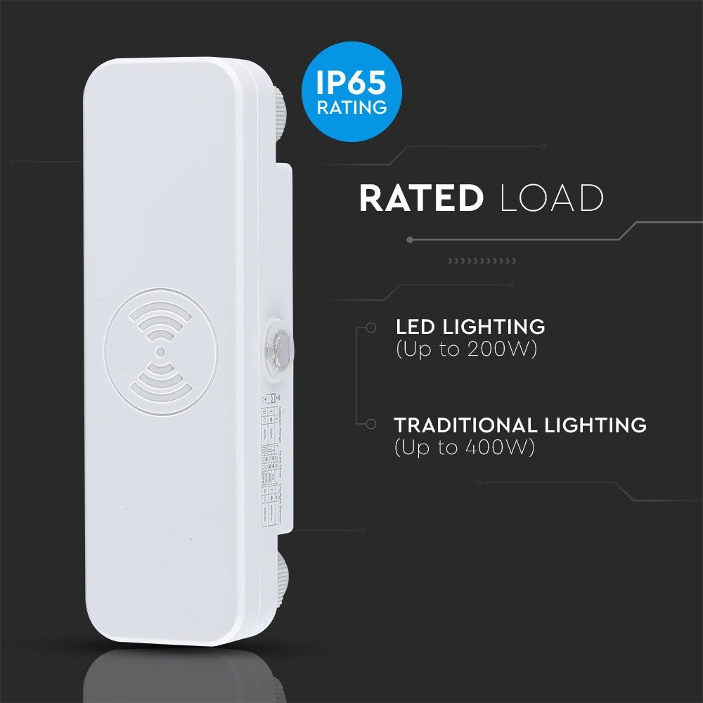 Mikrobølgesensor i hvid med IP65 beskyttelse og maksimalt 200W LED-kapacitet