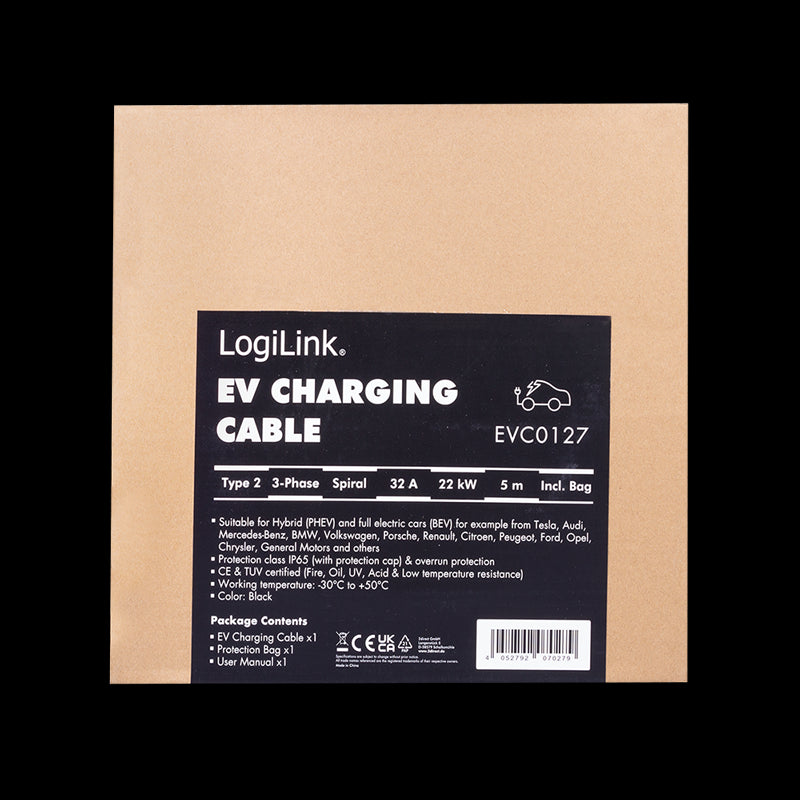 Spiral ladekabel til elbil - 22kW, 32A, 3-faset, type 2 (5m)