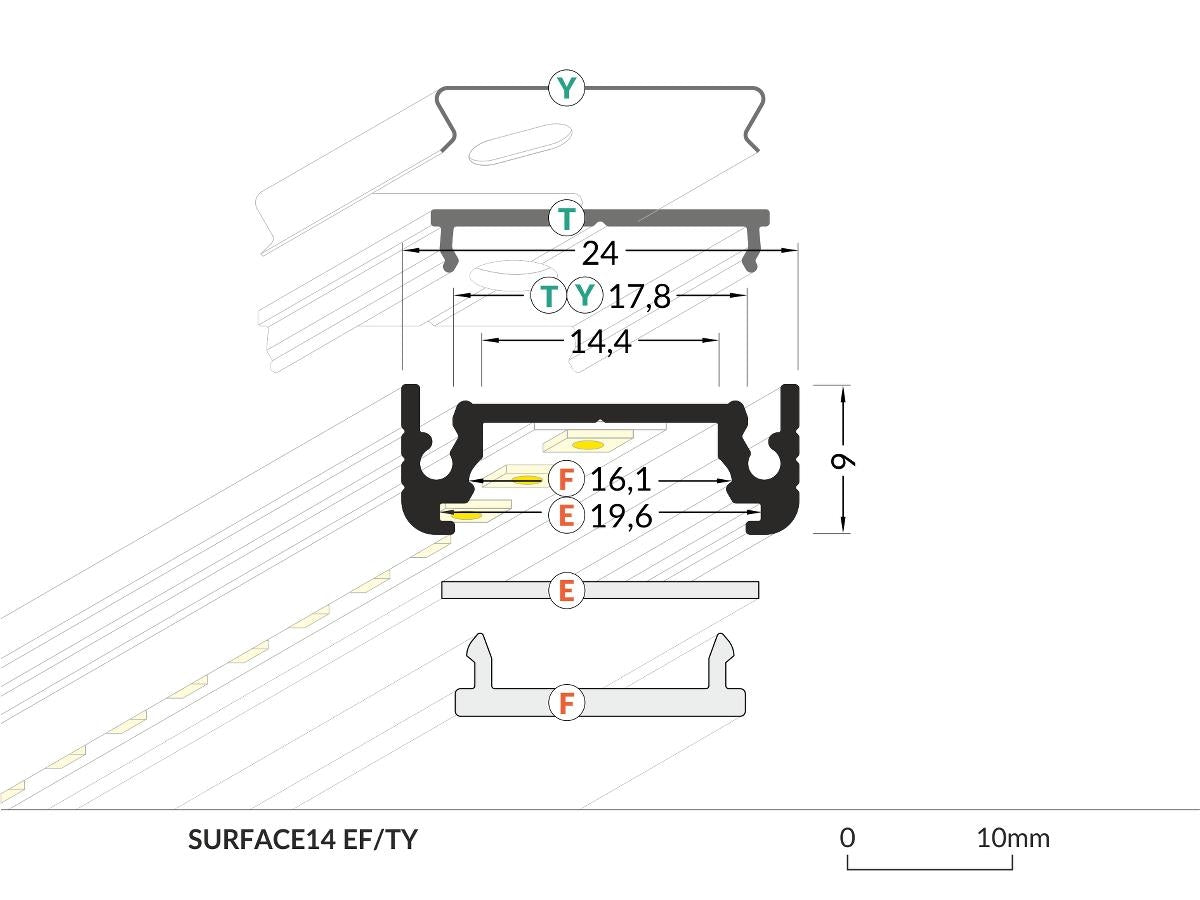 DIOFLEX Alu profil SURFACE14 F/TY 2m 24x9mm