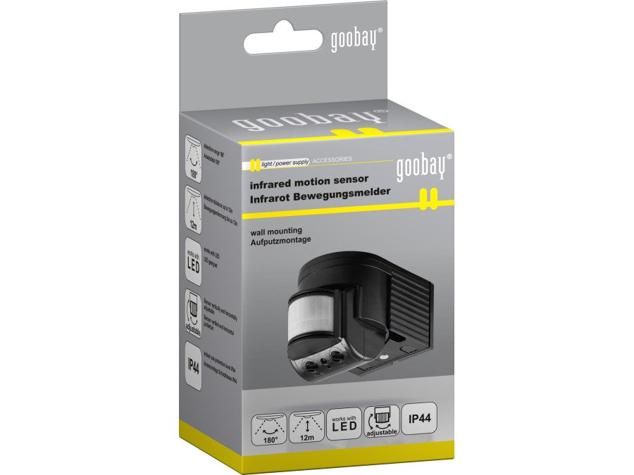 PIR bevægelsessensor - 230V/1200W 180° væg, LED ready, Sort