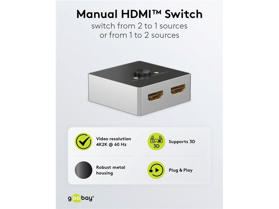 HDMI 2.0 switch - 2 ind til 1 ud, 4K/60Hz, HDCP