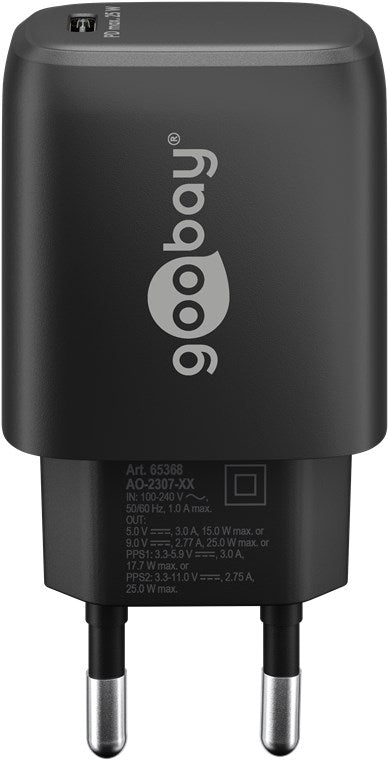 USB-C PD netadapter - 1xUSB-C, 5V/9V, 25W/3A, Sort