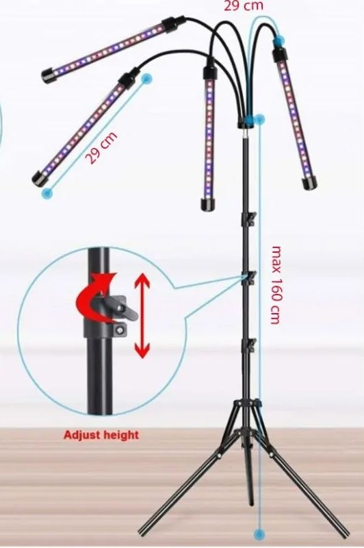 LEDlife vækstlys med stativ - Sort, 4 lamper, justerbar højde, fleksible arme