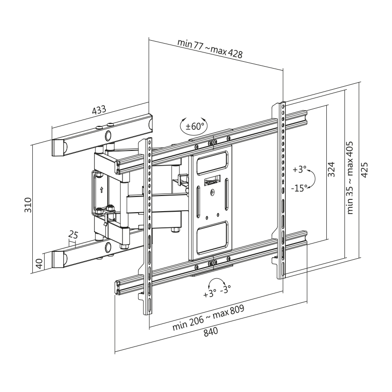 TV vægbeslag  43-90" 60kg, tiltbar og drejbar 77–428mm