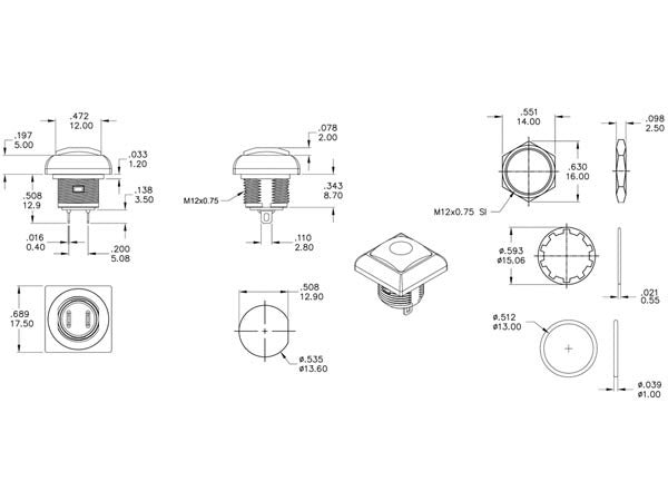 Minitrykkontakt - 1P OFF-(ON), metalhus, firkantet BLÅ knap