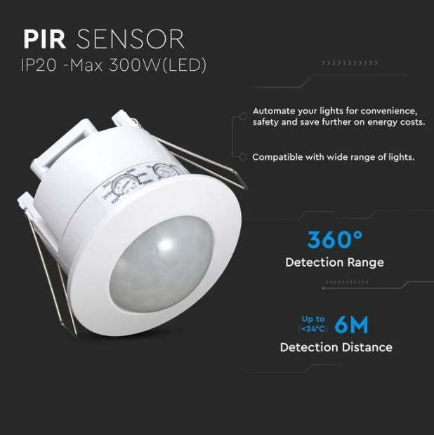 Bevægelsessensor til indbygning - LED venlig, hvid, PIR infrarød, IP20 indendørs