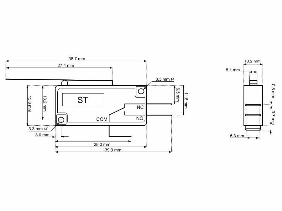Mikroswitch m. kort arm - 5A/250V, ON-(ON) SPDT, spadestik
