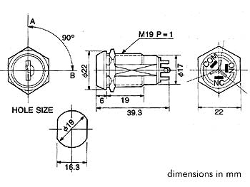 Nøglekontakt - 1P ON-ON (SPDT), Ø19mm