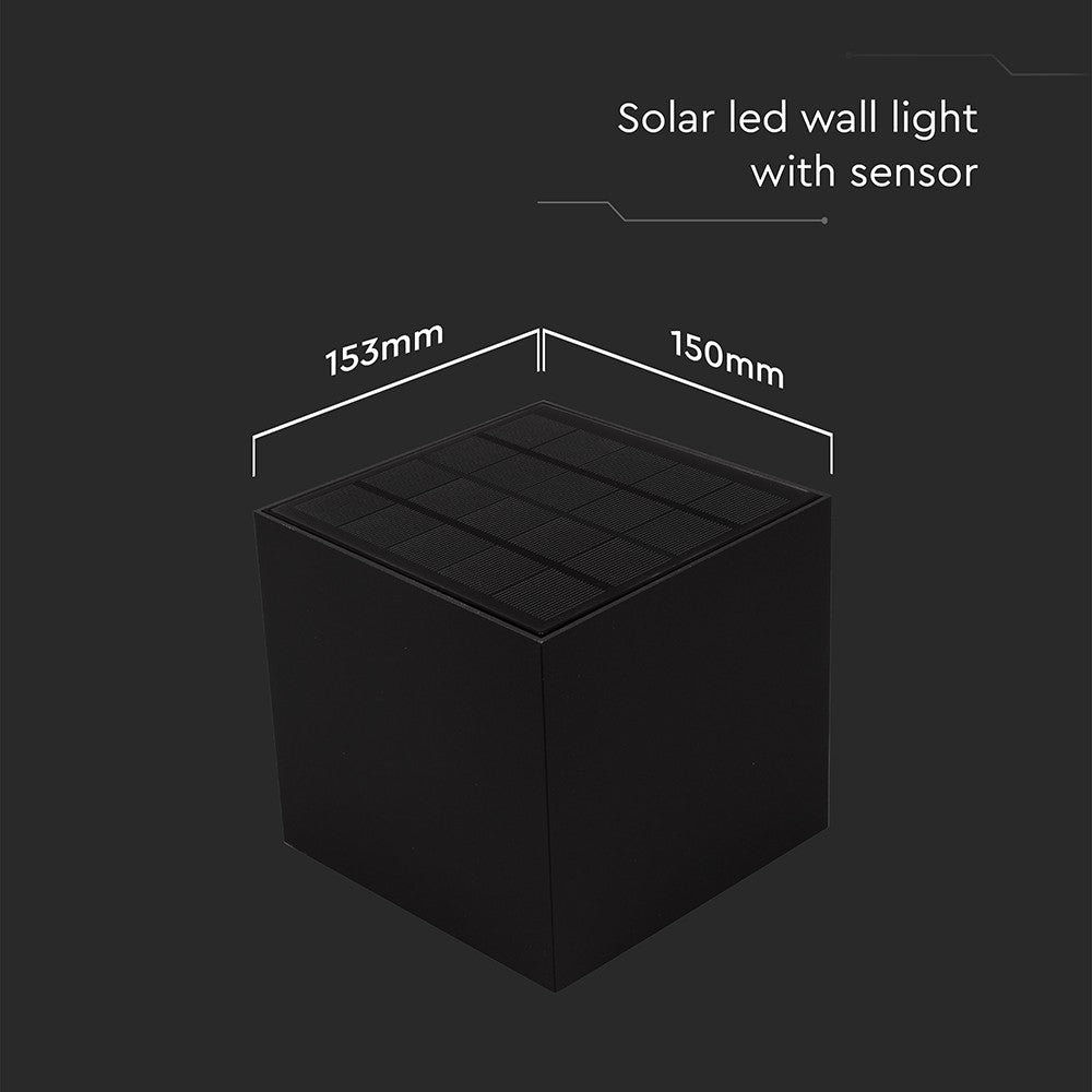 9W Solar Væglampe med LED, PIR sensor og 3i1 funktion, sort hus, vejr- og vandtæt IP65