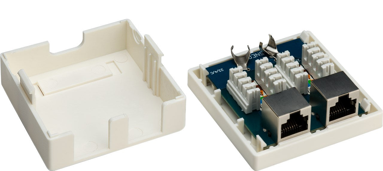 2 port RJ45 vægmonteringsboks - CAT6, skærmet, Hvid