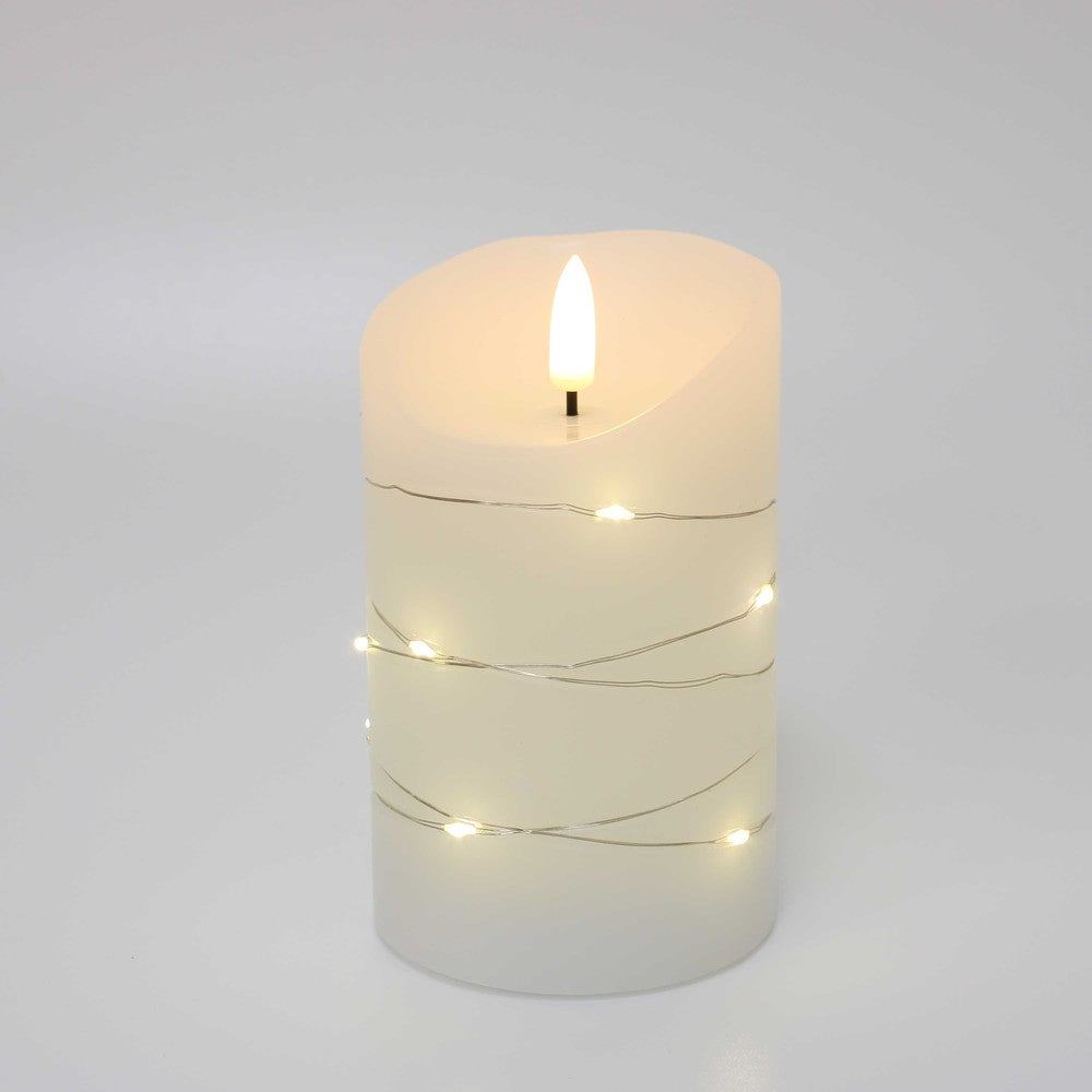 LED Bloklys med lyskæde, 12,5cm høj, flammeeffekt - Ø7,5cm, inkl. fjernbetjening, ægte stearin