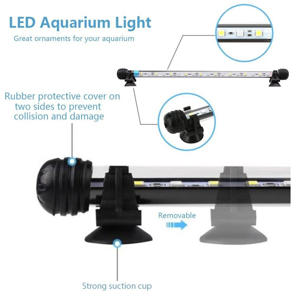 48 cm Akvarie Armatur - 5W LED, Hvid/Blå, Med Sugekopper, IP67 - Effekt: 5W, Input: 230V, 300lm, IP68