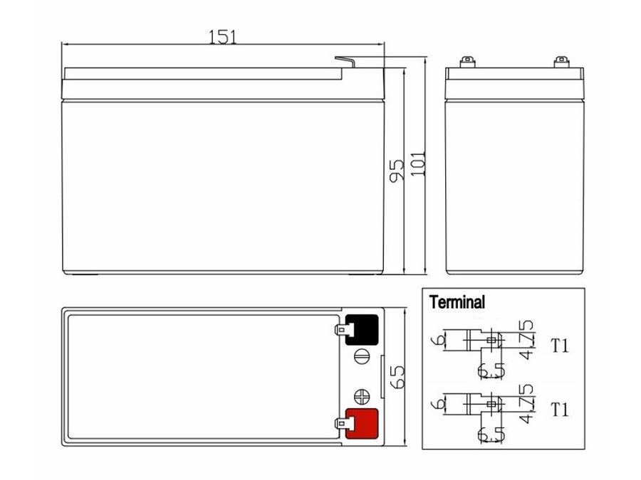 Blybatteri - 12V 7,2Ah 4,8mm stik (151x65x95mm)