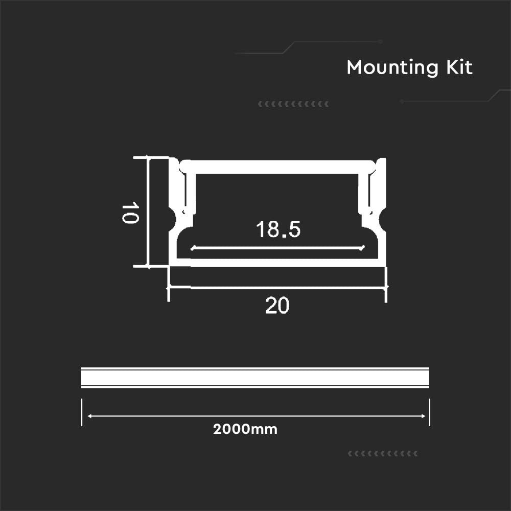 Monteringssæt til LED-strip - 2000x20x10mm, Sølvhus, Diffuser
