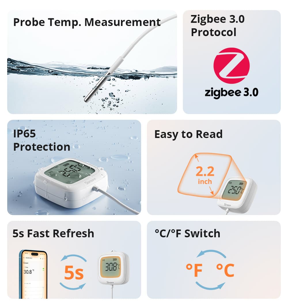 ZigBee SNZB-02LD - Smart termometer med probe (IP65)