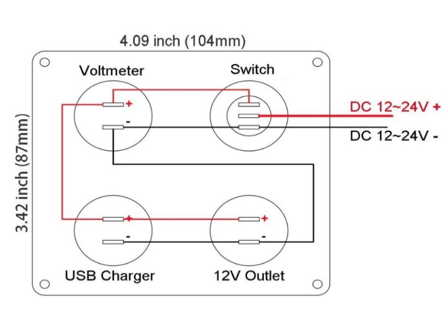 USB panel - 2 x 5V/2,1A USB, 12V cigar, LED voltmeter, kont.