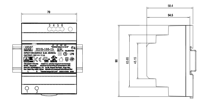 DIN-skinne strømforsyning, 12VDC / 85W (7,1A)