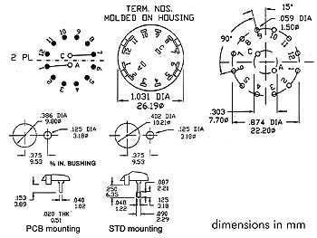 Drejeomskifter - 2 pol / 6 stillinger, loddeben