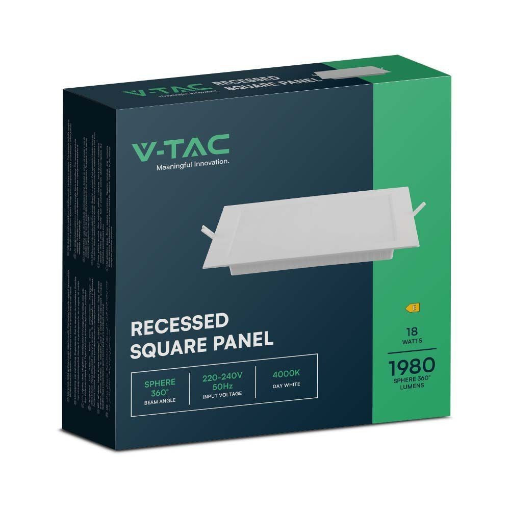 V-Tac 18W LED indbygningspanel - Hul: 20,5cm x20,5cm, Mål: 22cm x 22cm, 230V, 1980lm, RA80