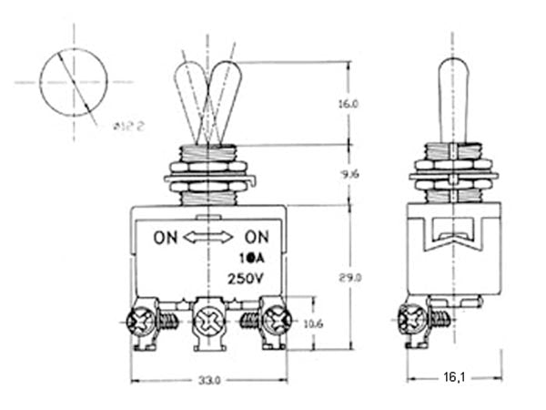 MAXI vippekontakt - 1P ON-OFF-ON 10A/250V, M3 skruer