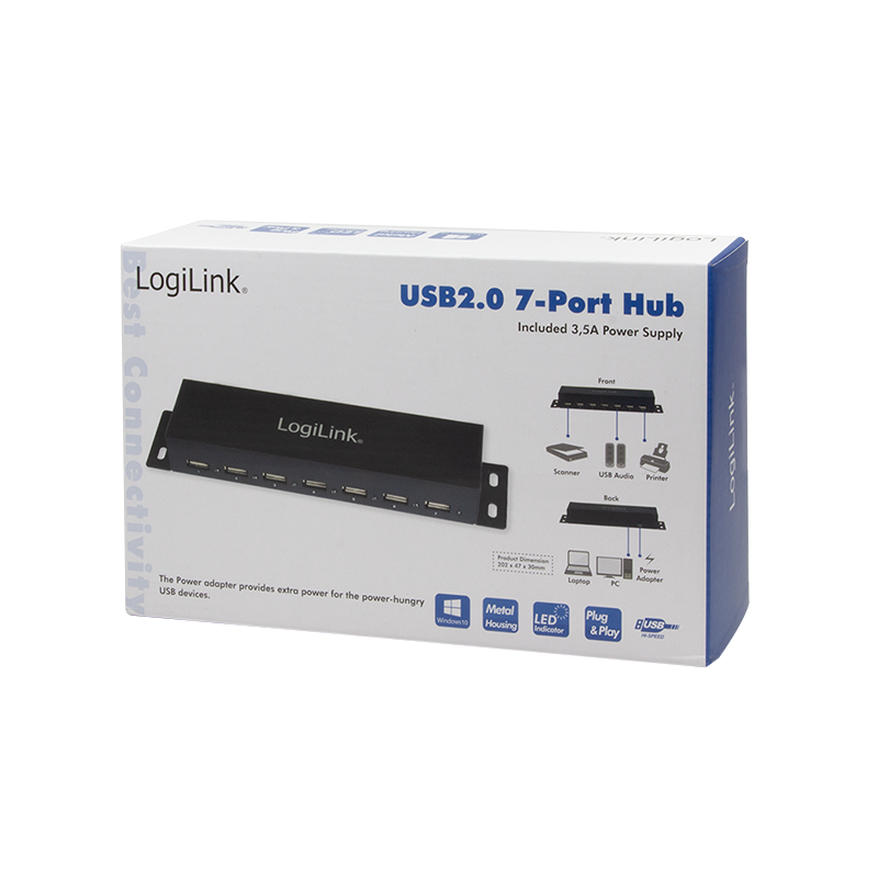 USB 2.0 HUB - 7 port inkl. Strømforsyning (3,5A) til montage